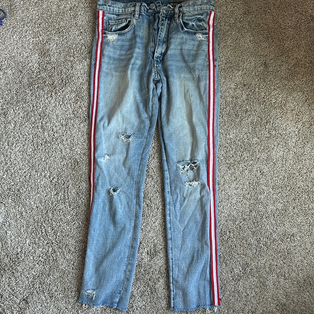 Blank NYC The Rivington ripped High-rise jeans with red and white stripe